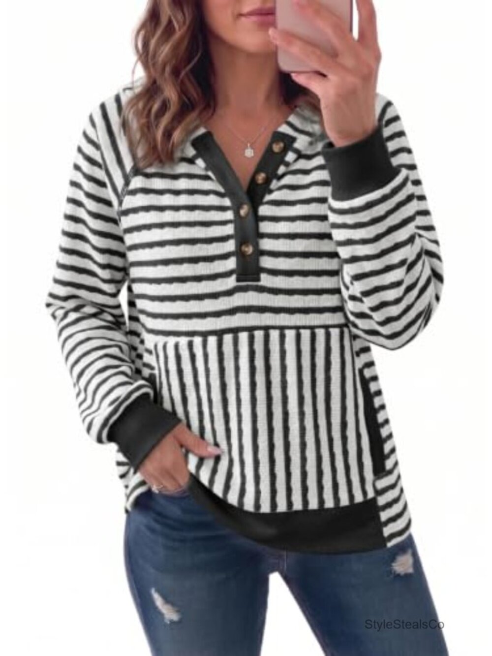 Striped V-Neck Button Pullover Hoodie Sweatshirt for Women Fall Layering